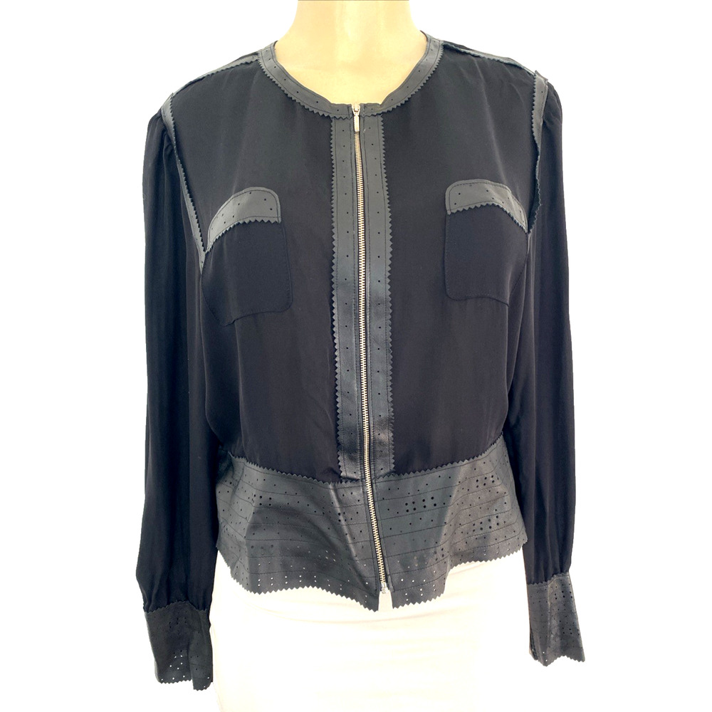 Neiman Marcus Jacket Blazer Black Silk Sheer Chiffon Leather Trim Zip Front 12 L